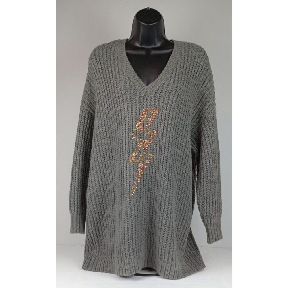 Torrid Womens 2 AKA 2X 18/20 Grey Gold Bronze Beaded Lightning Bolt Sweater